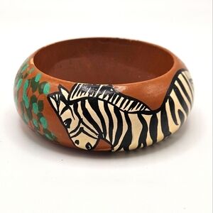 VINTAGE Hand-Painted Safari Zebra Wooden Wood Bangle Bracelet